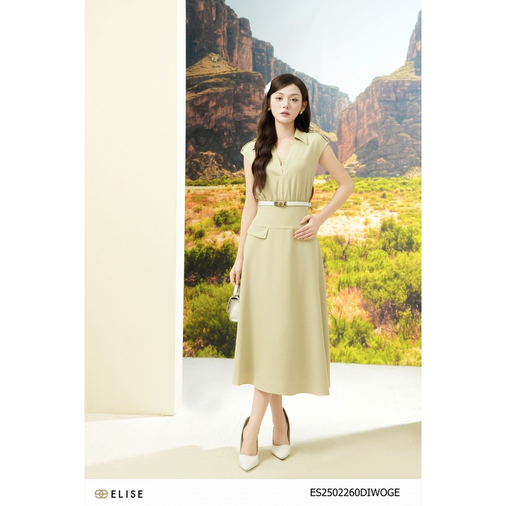 Đầm tuytsy xanh cốm cổ V thiết kế Elise ES2502260DIWOGE