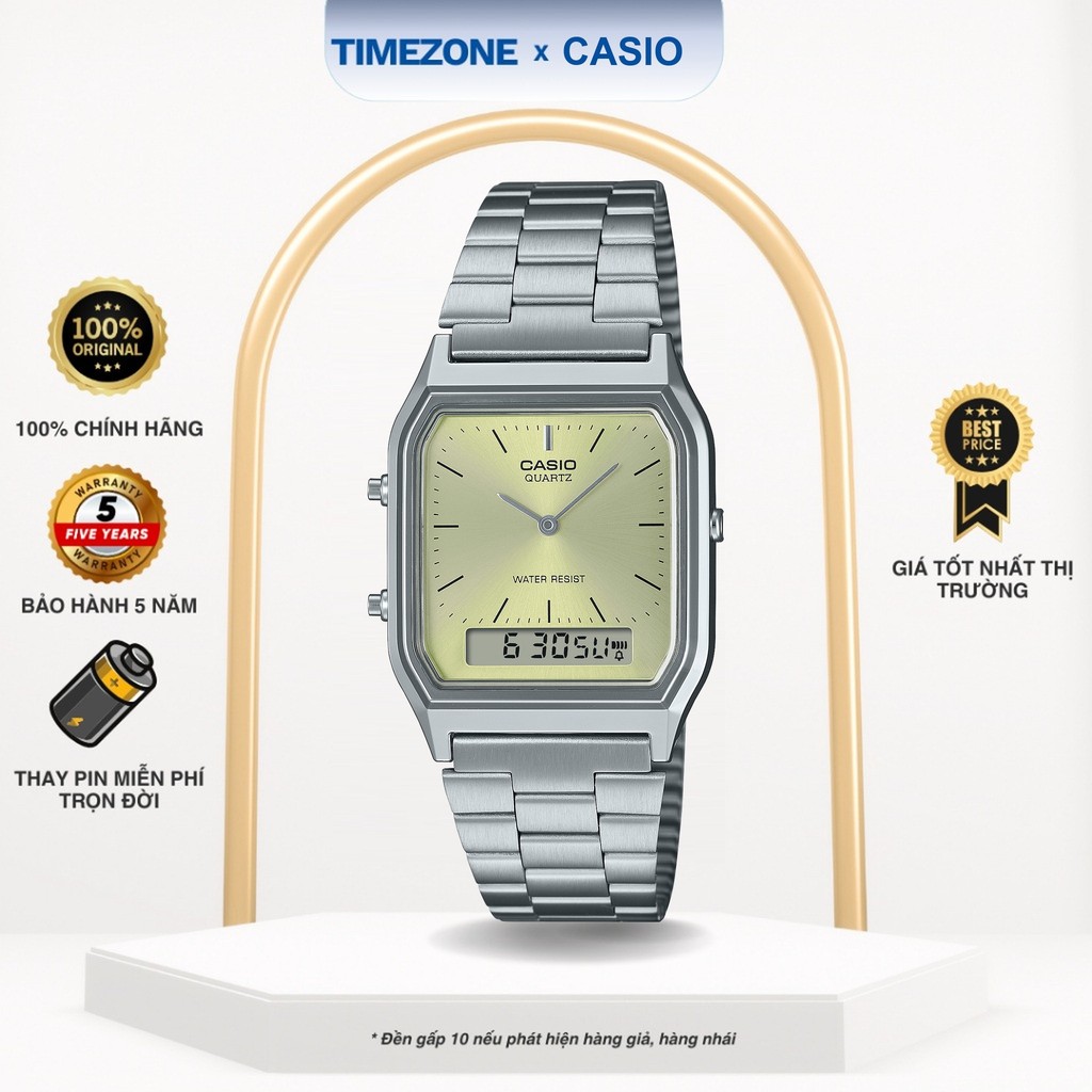 Đồng hồ Casio Chính Hãng 39mm Unisex AQ-230A-9A Kính Nhựa Dây Kim Loại - TIMEZONEVN