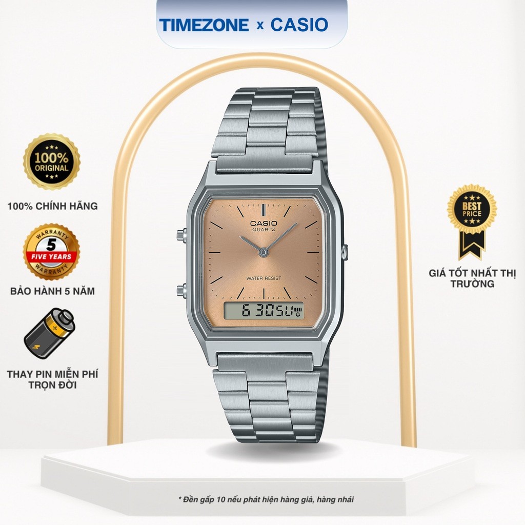 Đồng hồ Casio Chính Hãng 39mm Unisex AQ-230A-4A Kính Nhựa Dây Kim Loại - TIMEZONEVN