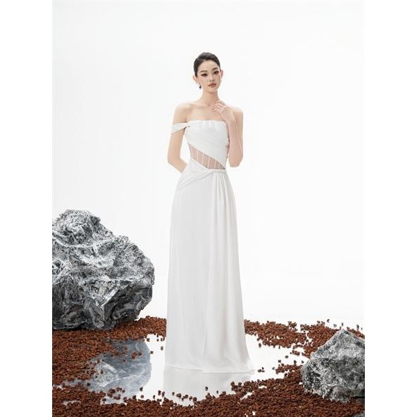 [BYDI DESIGN] Syni Dress | Đầm Cúp Lệch Vai Trắng Dáng Dài Xẻ Eo Xuyên Thấu Sang Trọng Quyến Rũ