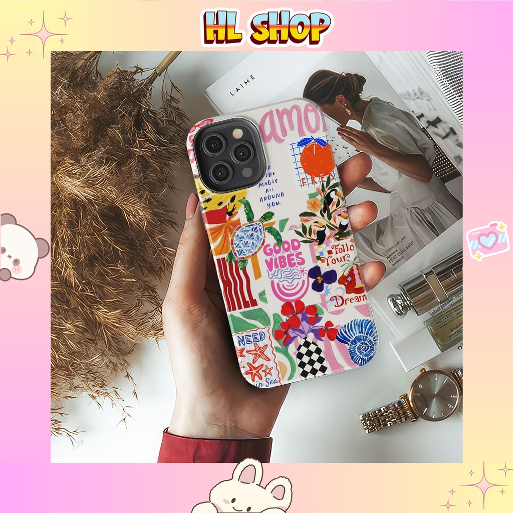 Ốp iphone HL SHOP họa tiết good vibes biển xanh lưng cứng bóng cho iphone 11 đến iphone 17 magsafe