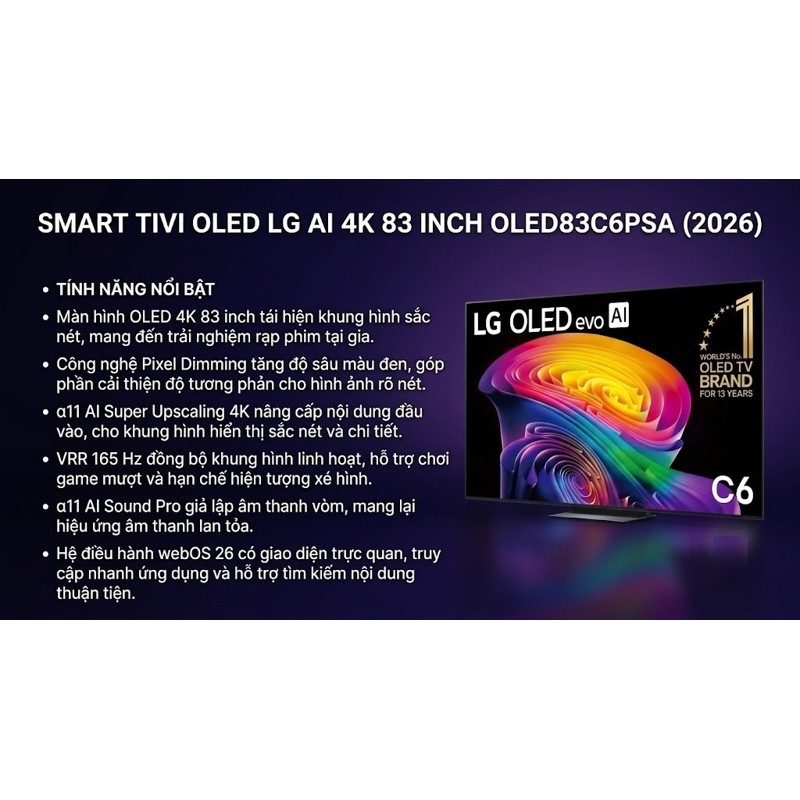 (CHÍNH HÃNG) - Smart Tivi OLED LG AI 4K 83 inch OLED83C6PSA 2026 - Indonesia (LIKE NEW)