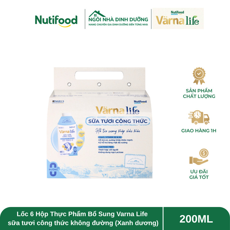 Lốc 6 Hộp Thực Phẩm Bổ Sung Varna Life sữa tươi công thức không đường (Xanh dương)