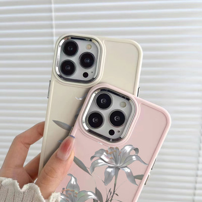 Suntaiho Silver Lily Floral Dark Glossy In Hình TPU Chống Sốc Cho iPhone 17 16 15 14 13 12 11 X XS XR Pro Max Plus