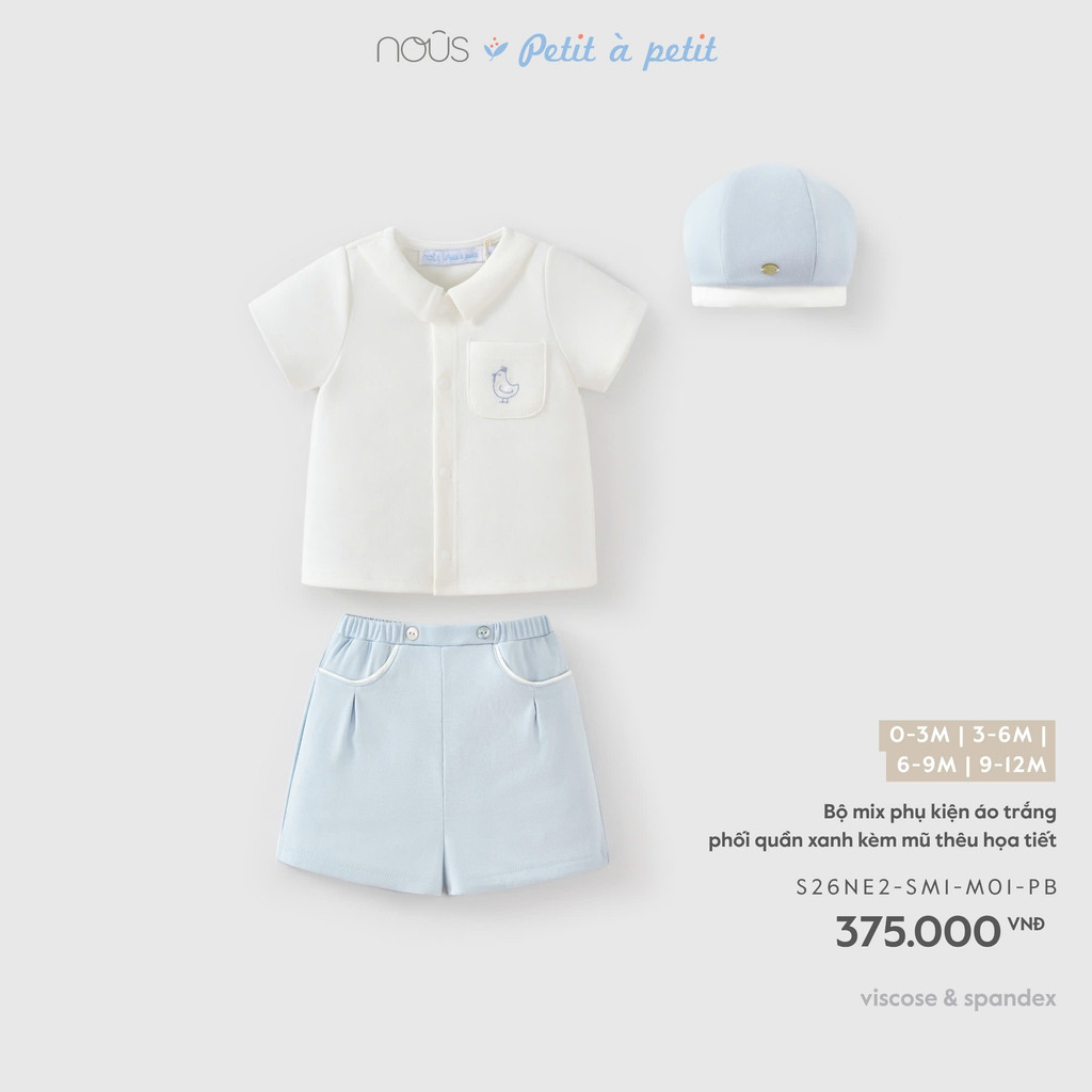 (0M-9M) NOUS - Bộ mix phụ kiện áo trắng phối quần xanh kèm mũ thêu họa tiết ( Mã S26NE2-SM1-M01-PB )