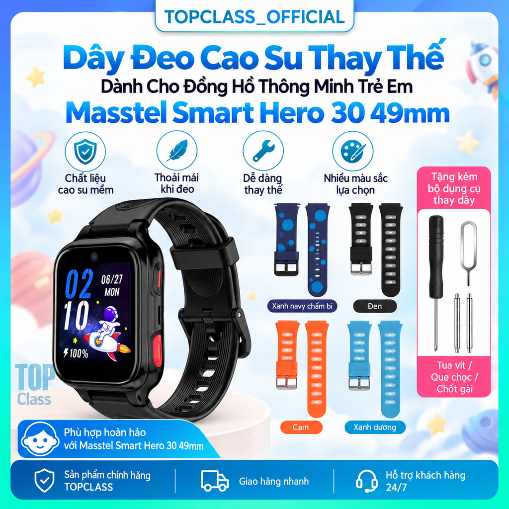 Dây đeo đồng hồ silicon thay thế cho đồng hồ thông minh trẻ em Masstel Smart Hero 30, 49mm