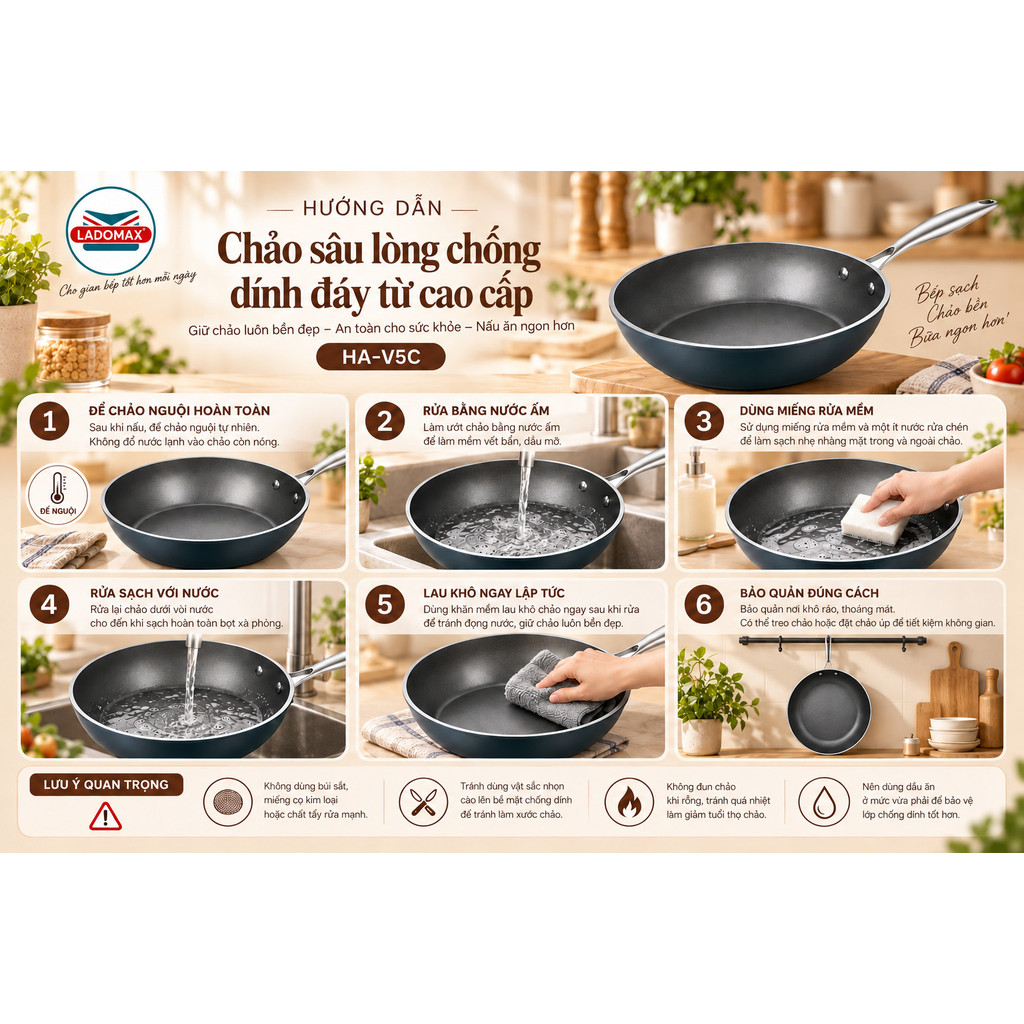 Chảo Chống Dính Sâu Lòng Ladomax HA-V5C Đáy Từ Thân Nhôm Dày 3mm Tay Cầm Inox Cách Nhiệt Dùng Mọi Bế