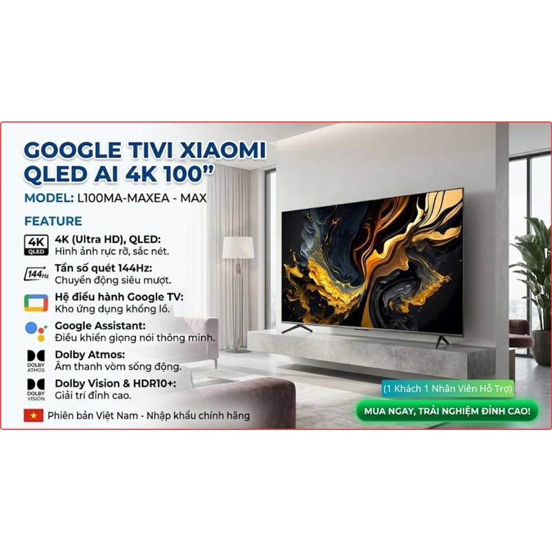 Google Tivi Xiaomi QLED AI 4K 100 Inch Max L100MA-MAXEA - Việt Nam Bảo hành chính hãng