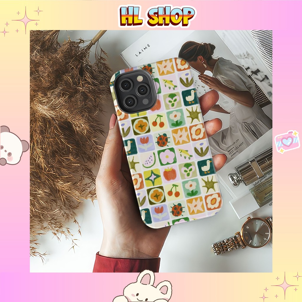 Ốp lưng iPhone ô vuông họa tiết sticker cute nhựa cứng bóng cho iphone 11 đến iphone 17 chống sốc