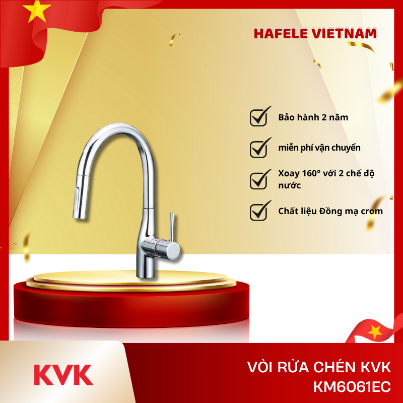 Vòi rửa chén KVK KM6061EC, Chất liệu Đồng, Nước Nóng – lạnh, đầu vòi rút dây, Xoay 160°- FEM