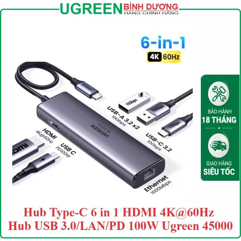 Hub Chuyển đổi Type-C To HDMI 4K@60Hz + 2 USB 3.0 + LAN 1Gb + 2 TYPE C 100W (6-In-1) UGREEN 45000 - 