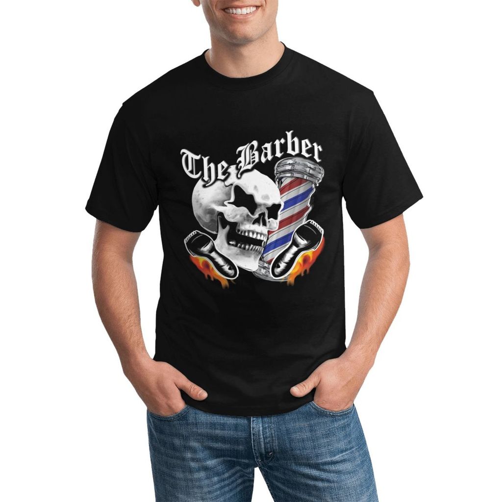 Barber Skull And Flamingo Razor Barber Barber Barber Shop Áo thun cổ tròn tùy chỉnh nhẹ và sành điệu