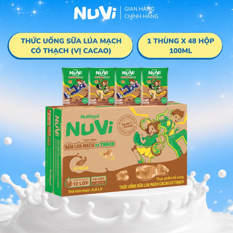 Thùng 48 Hộp NuVi Thức Uống Sữa Lúa Mạch Cacao Có Thạch Hộp 100ml