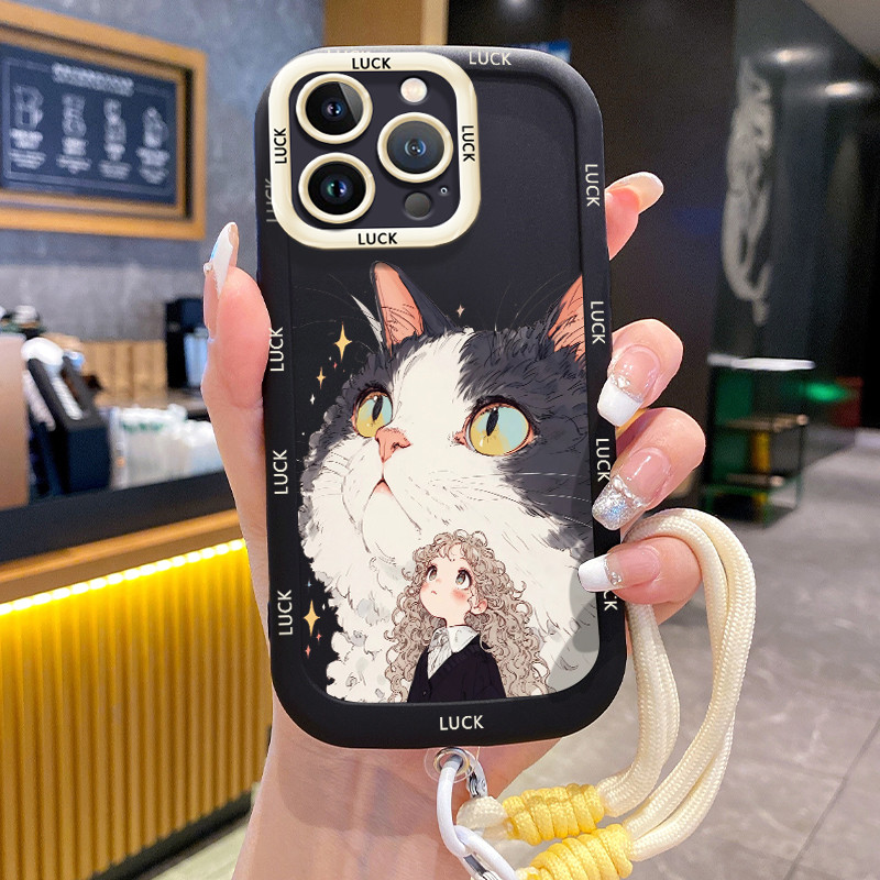 Ốp Lưng iPhone 14 14 Pro 14 14 Pro Max 15 15 Pro 15 Pro Max Case Với Lanyard Mèo và cô bé