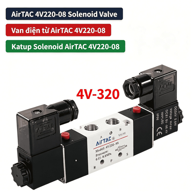 4V320-10 / 4V320-08 Van điện từ đôi 5 / 2 chiều, DC24V / AC220V, Van định hướng khí nén cuộn đôi