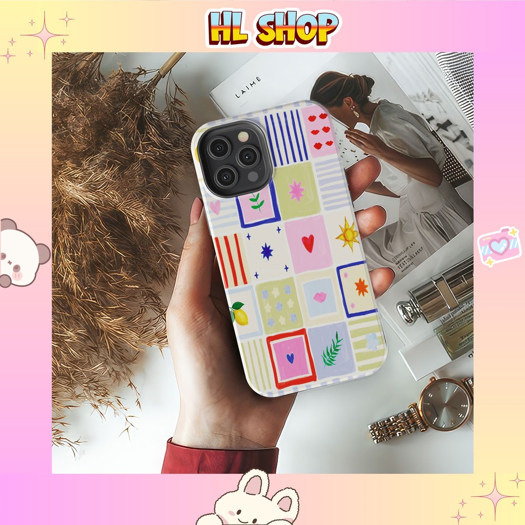 Ốp lưng iPhone ô vuông tranh ghép nhiều màu nhựa cứng bóng cho iphone 11 đến iphone 17 chống sốc