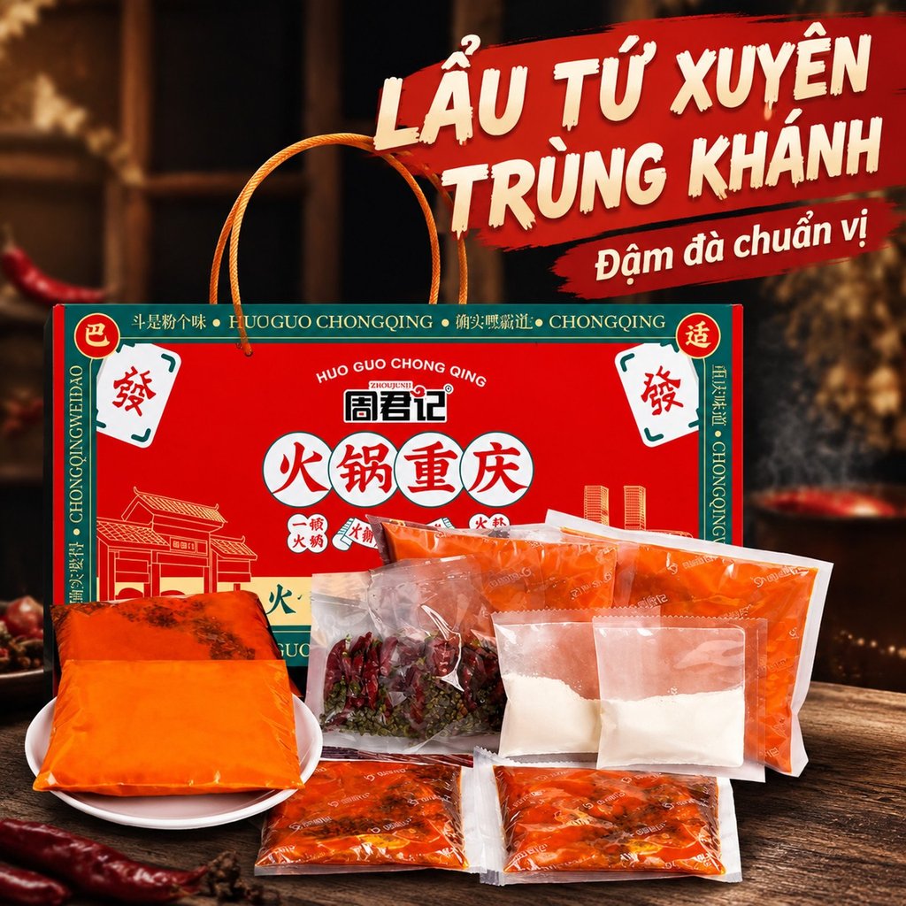Gia vị lẩu Trùng Khánh Zhou Junji, bơ bò, cay tê, dùng cho Malatang, đặc sản Trung Quốc