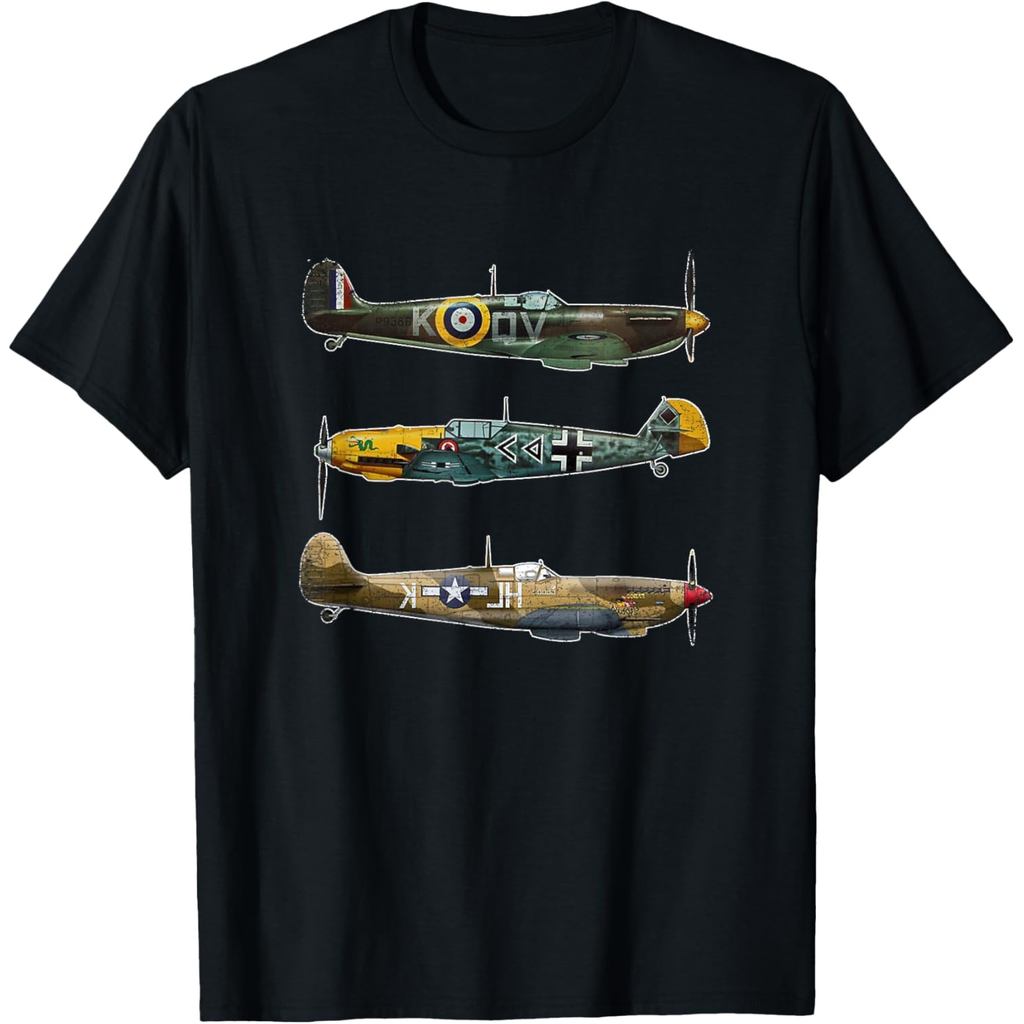 Áo thun cotton nam WW2 Máy bay Warbirds P51 Mustang Spitfire Messeschmitt Áo thun cotton chất lượng 