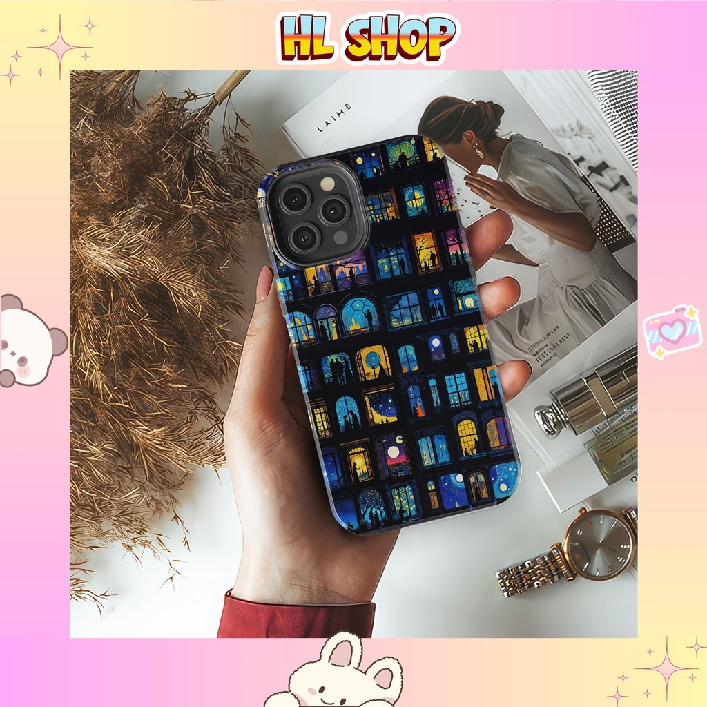 Ốp lưng iPhone ô cửa sổ đêm đầy sao nhựa cứng bóng cho iphone 11 đến iphone 17 chống sốc