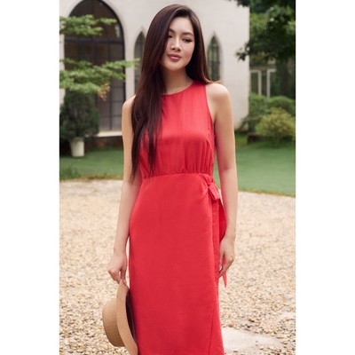 Đầm Nữ Basic Màu Đỏ Chất Linen Cổ Tròn Cột Eo Dáng Midi Ninomaxx 2409014