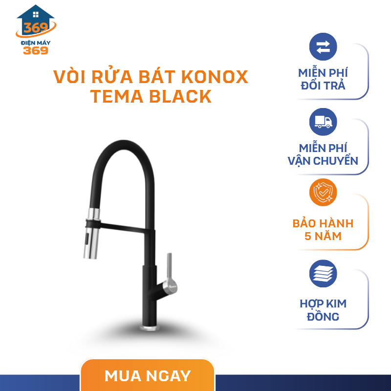 Vòi Rửa Bát Thân Mềm Konox Tema – 2 Đường Nóng Lạnh – Thân Vòi Xoay 360 Độ – SMC
