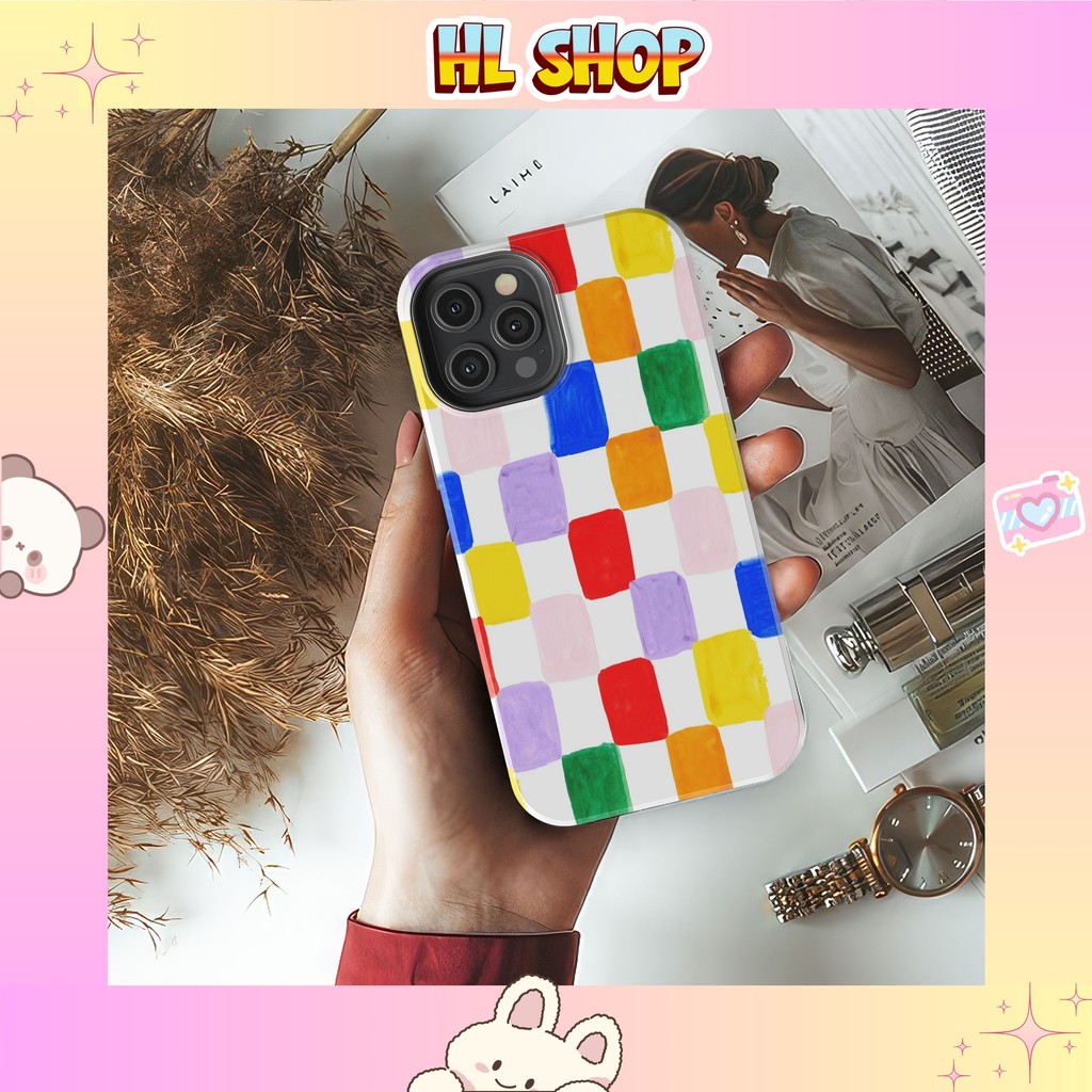 Ốp lưng iPhone ô vuông caro nhiều màu sắc nhựa cứng bóng cho iphone 11 đến iphone 17 chống sốc