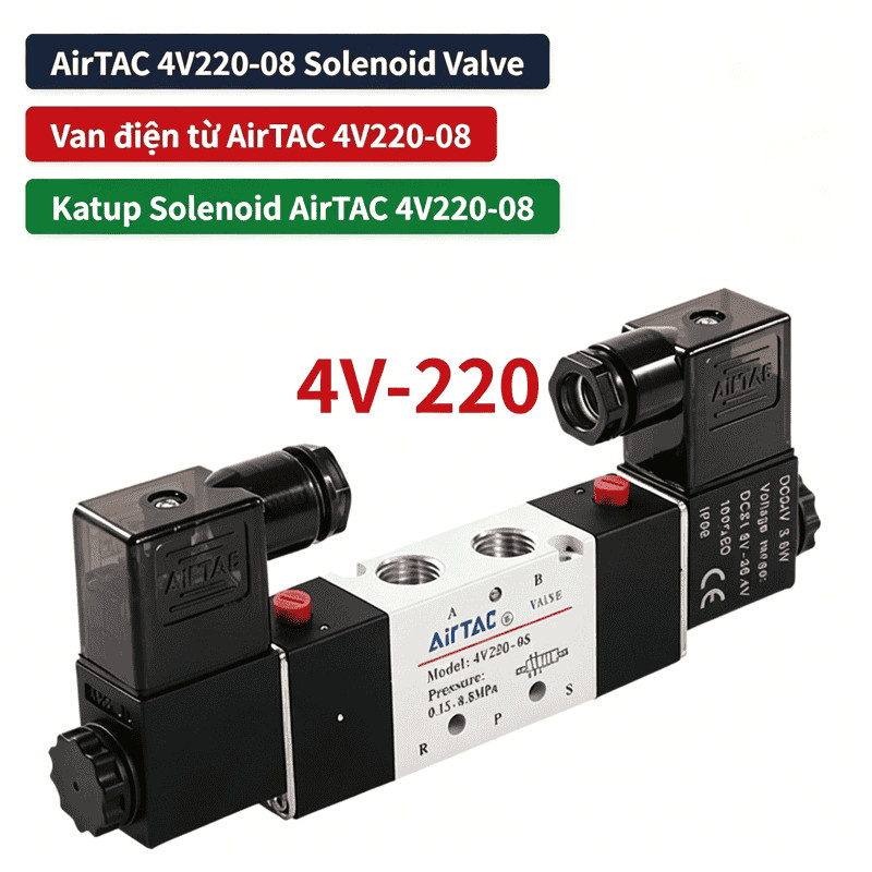 4V220-08 / 4V220-06 Van điện từ đôi 5 / 2 chiều, DC24V / AC220V, Van khí nén chung