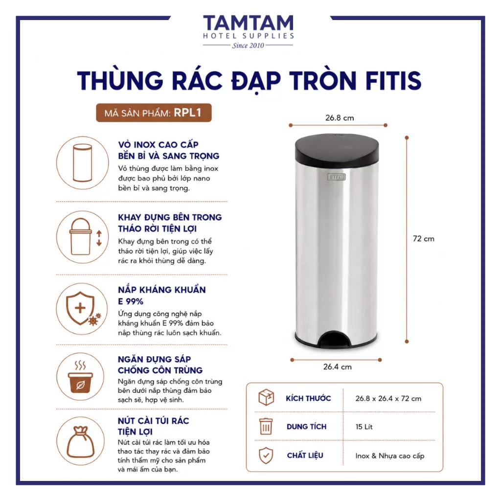 Thùng Rác Đạp Chân FITIS Premium Tròn 15L Có Nắp Chống Mùi Thùng Rác Khách Sạn Gia Đình Nhà Bếp