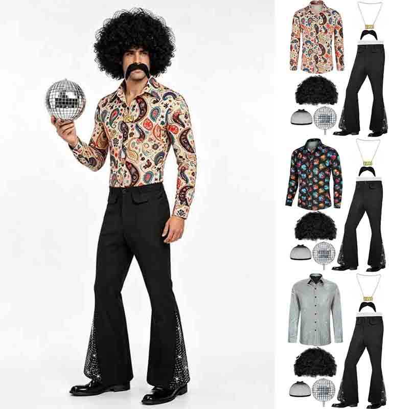 Retro 70s Disco Áo Sơ Mi Nam Dài Tay Vintage 1970 Họa Tiết Dự Tiệc Trang Phục Halloween Mặc