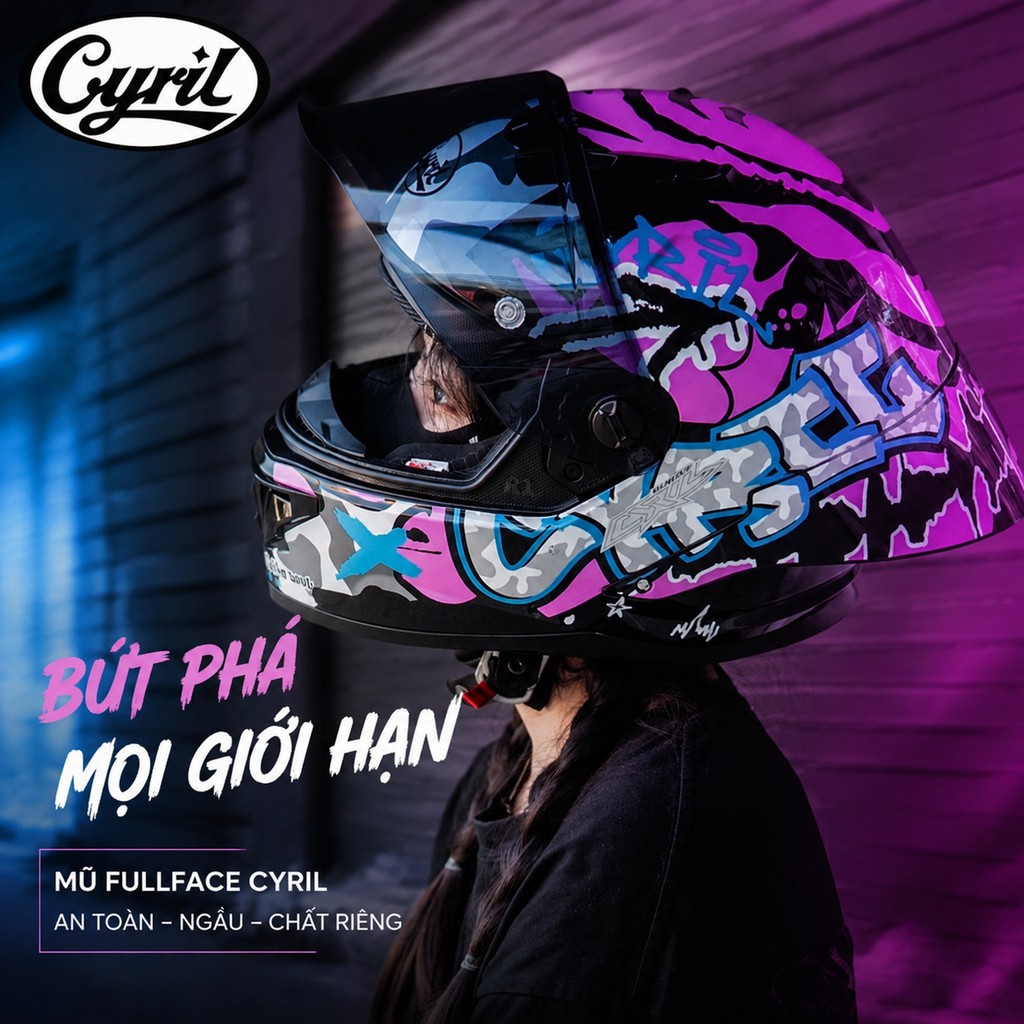Mũ bảo hiểm fullface CYRIL mẫu R1Pro, đuôi gió lớn, dành cho nam nữ đi mô tô, xe máy