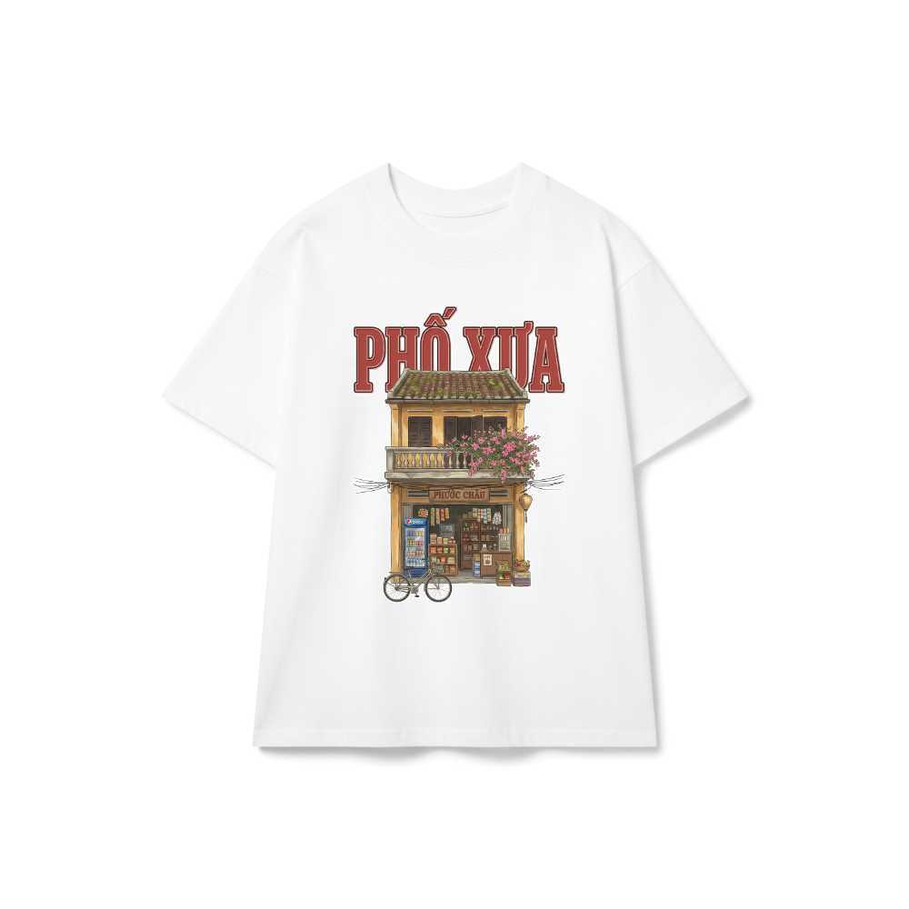 Áo Thun Trắng Phố Xưa Hội An Vintage Form Rộng Unisex Cotton Co Giãn - 300726-13-43-KRL