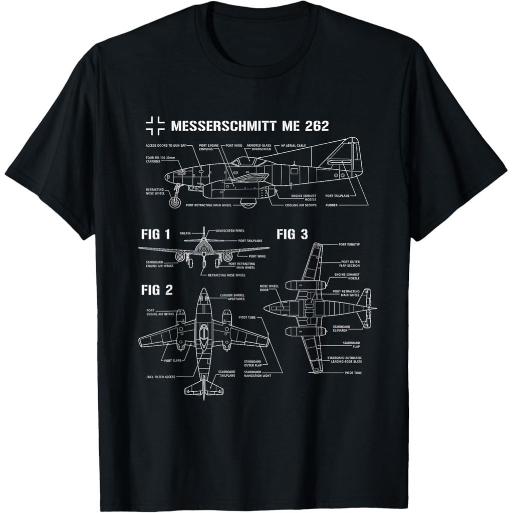 Áo thun cotton nam Chiến tranh thế giới 2 Máy bay Đức ME 262 Fighter Jet Blueprint Áo thun cotton ta