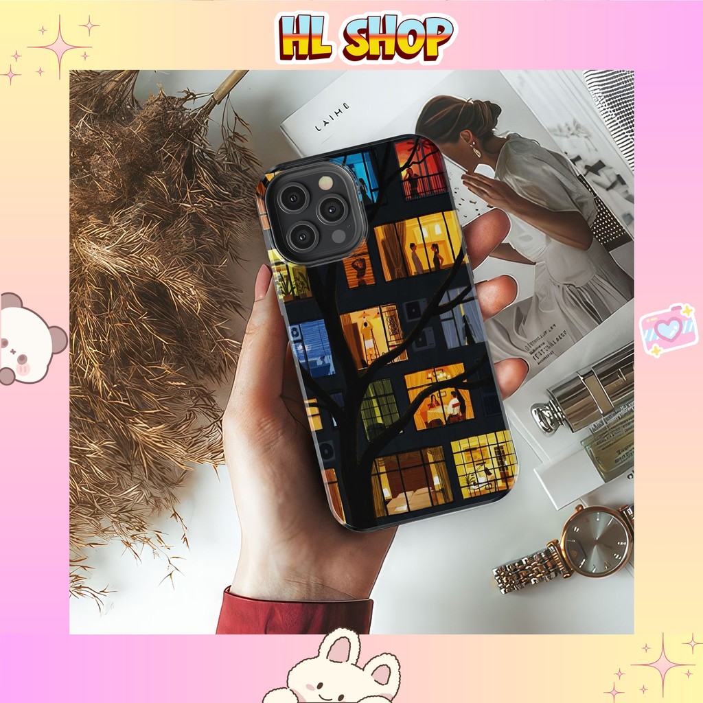 Ốp lưng iPhone ô cửa sổ chung cư ban đêm nhựa cứng bóng cho iphone 11 đến iphone 17 chống sốc