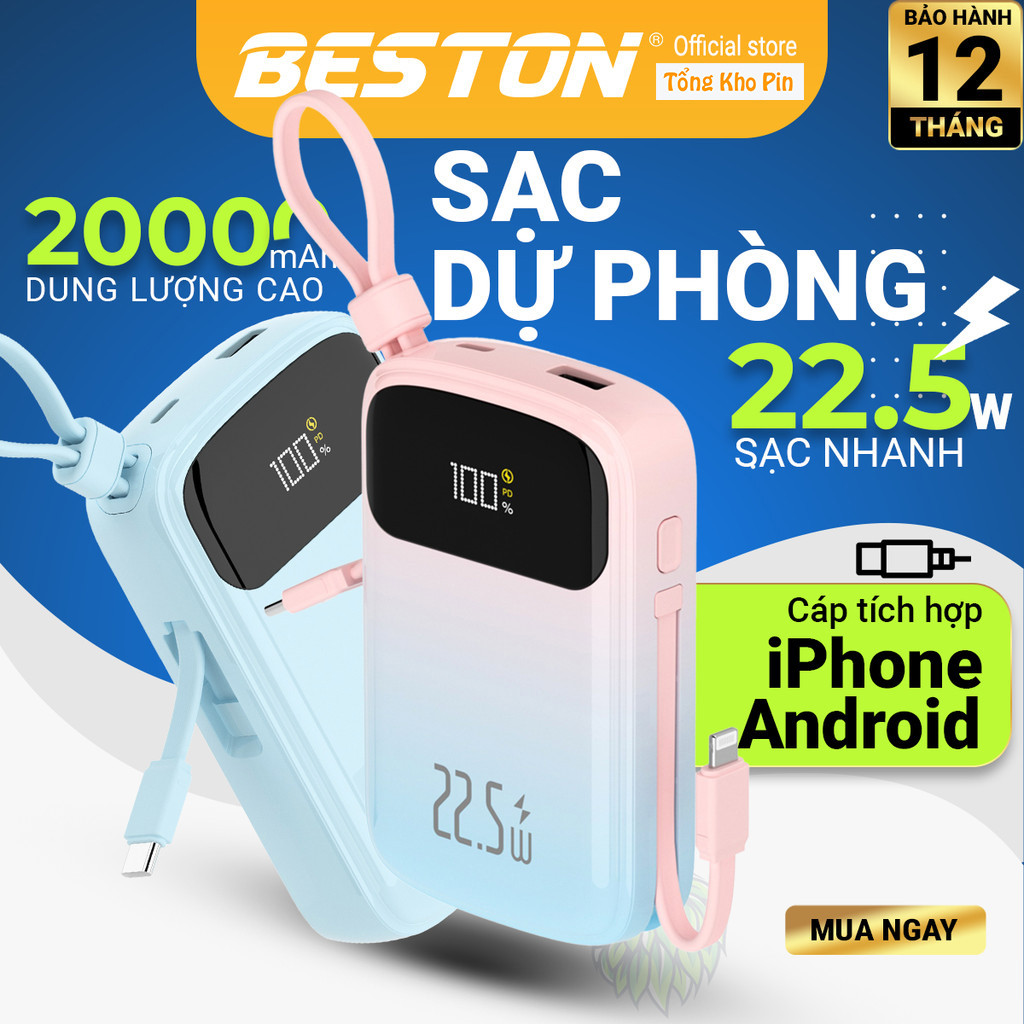 Tổng Kho Pin: Sạc dự phòng BESTON 20000mAh, màn hình, 2 dây sạc, PD22.5W - PBCL.
