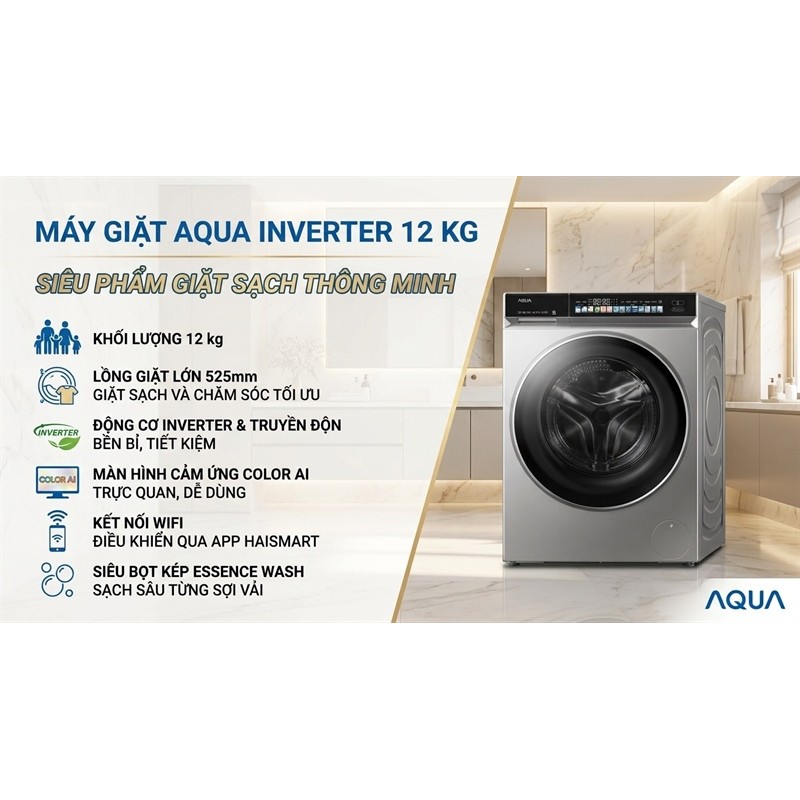 (CHÍNH HÃNG) - Máy giặt Aqua Inverter 12 kg AW12-BD4377U1L(GN) 2025 - Việt Nam(LIKE NEW)