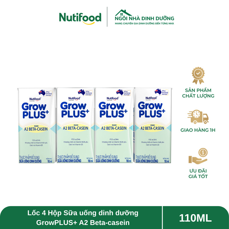 Lốc 4 Hộp Sữa uống dinh dưỡng GrowPLUS+ A2 Beta-casein 110ml