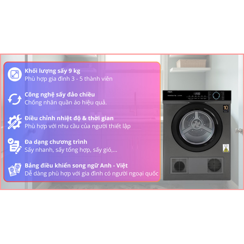 Máy sấy thông hơi Aqua 9 kg AQH-V901K PS 9️⃣ Đ0àn Giỏi-H©️Ⓜ️