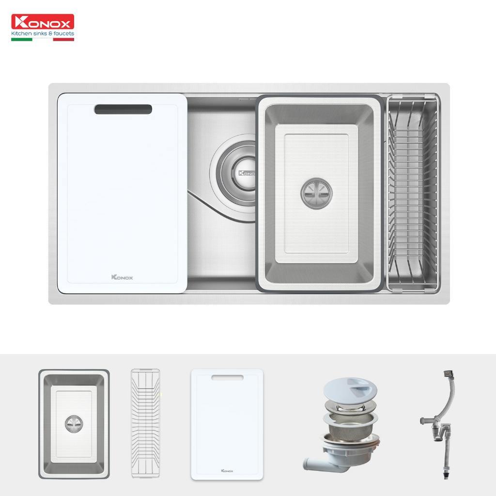 Chậu Rửa Bát Konox TARI 8748SR – 1 Hố Chống Xước Linen, Workstation