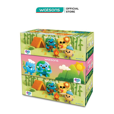 Bộ 3 Khăn Giấy Hộp Watsons Velvet Dùng Cho Mặt 3 Lớp 100 Tờ