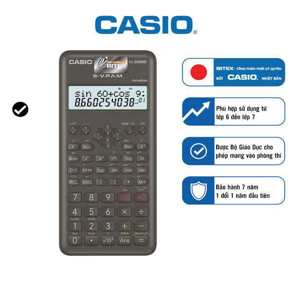 [BITEX] Máy Tính Học Sinh Casio fx-500MS New - Bền Bỉ, 244 Tính Năng, Được Mang Vào Phòng Thi