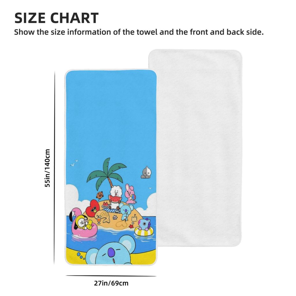 Khăn tắm nhung san hô BT21 27x55in khăn siêu mềm, thấm hút cao, thích hợp cho gia đình, du lịch, bơi