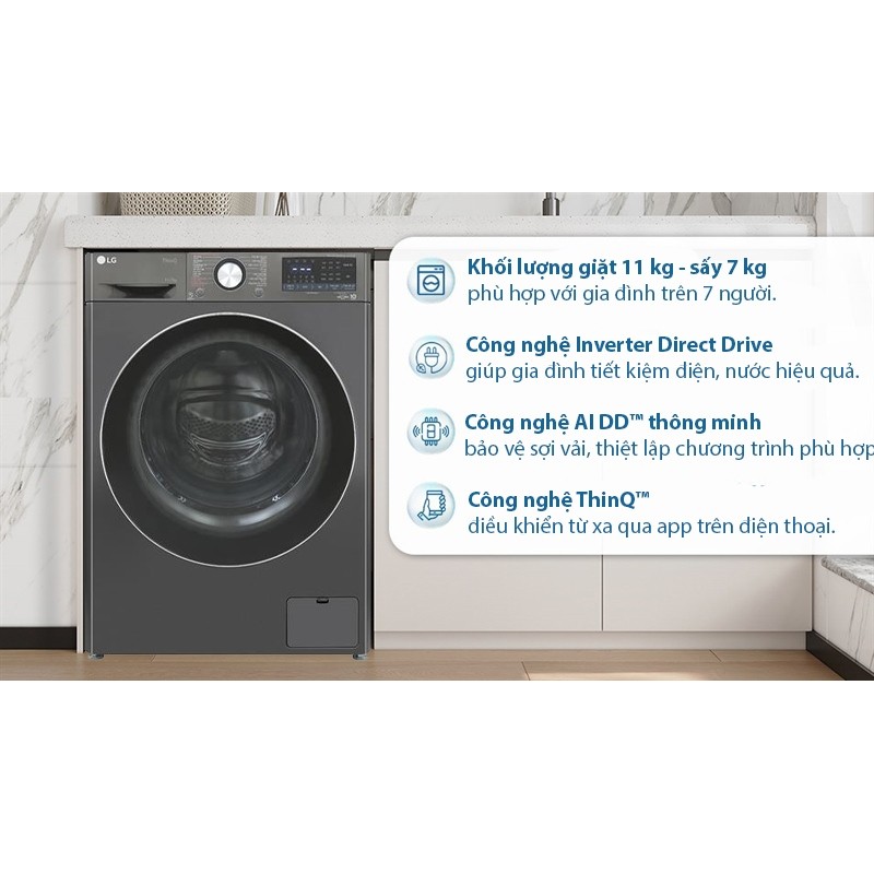 Máy giặt sấy LG Inverter giặt 11 kg - sấy 7 kg FV1411D4B 2024 - VIỆT NAM 9 Đoàn Giỏi-H©️Ⓜ️