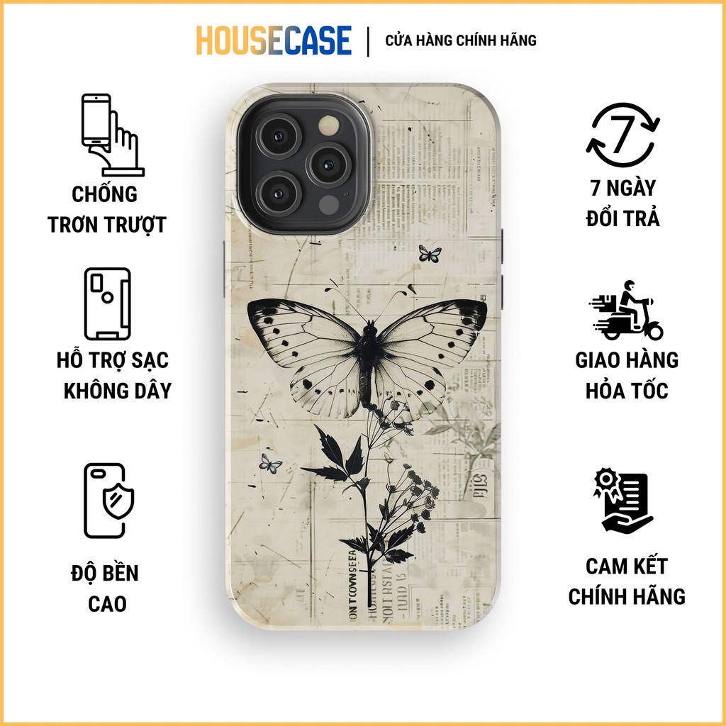 Ốp lưng iphone bướm vintage báo cũ newspaper print cổ điển retro butterfly sketch art TPU