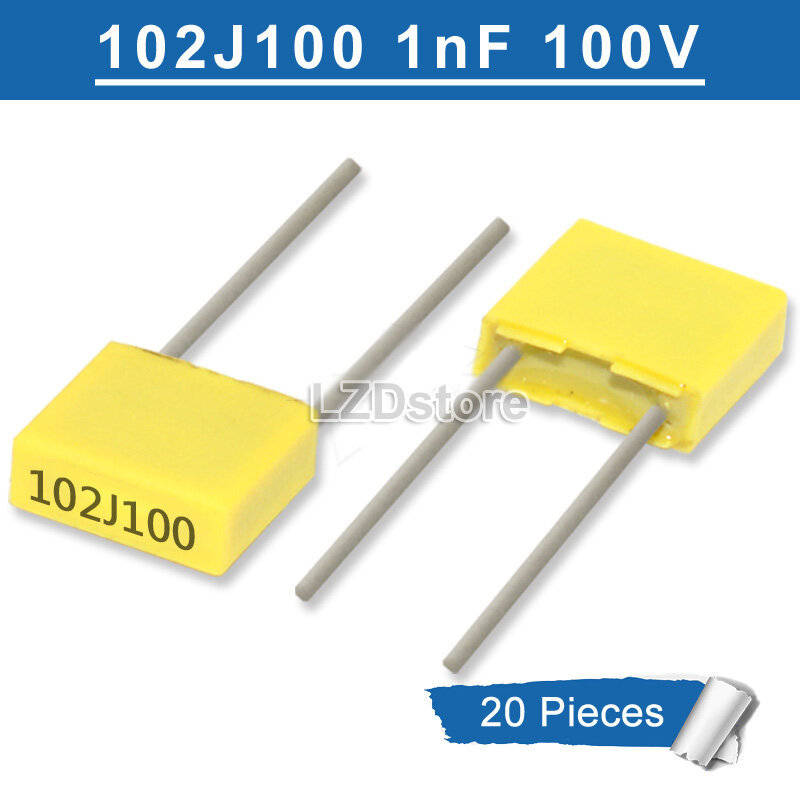 20 Chiếc 102J100 Chỉnh Tụ Điện 102 100V 1nF 0.001uF 102J 100V Pitch 5mm Polypropylene An Toàn Nhựa