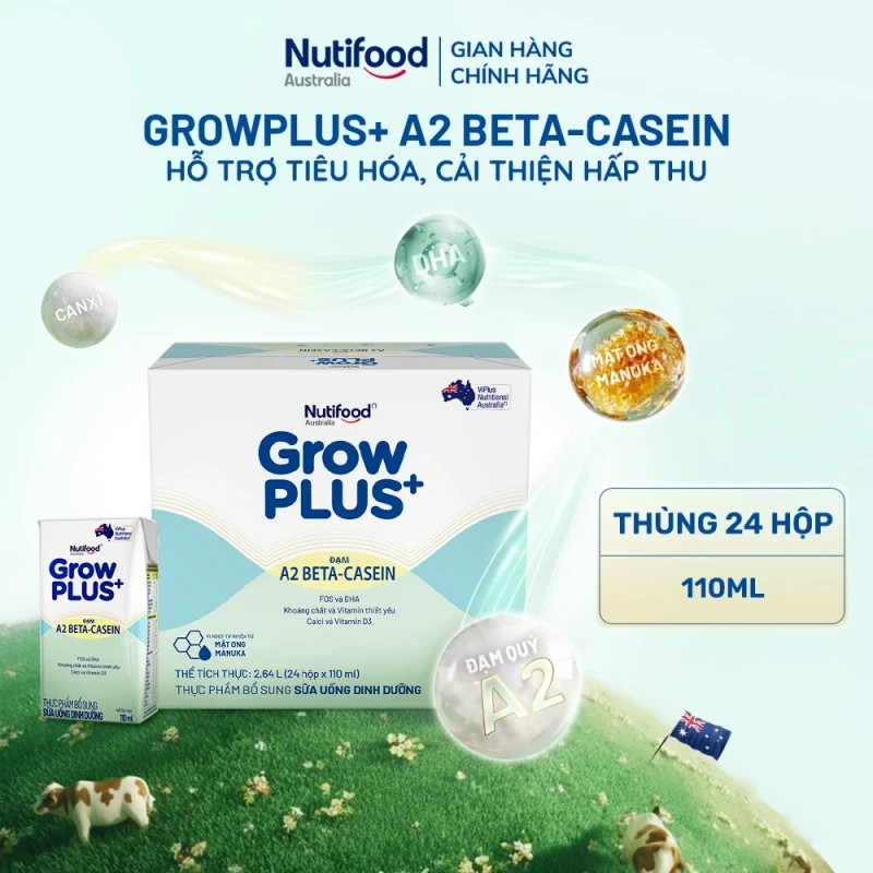 Thùng 24 Hộp Sữa uống dinh dưỡng GrowPLUS+ A2 Beta-casein 110ml