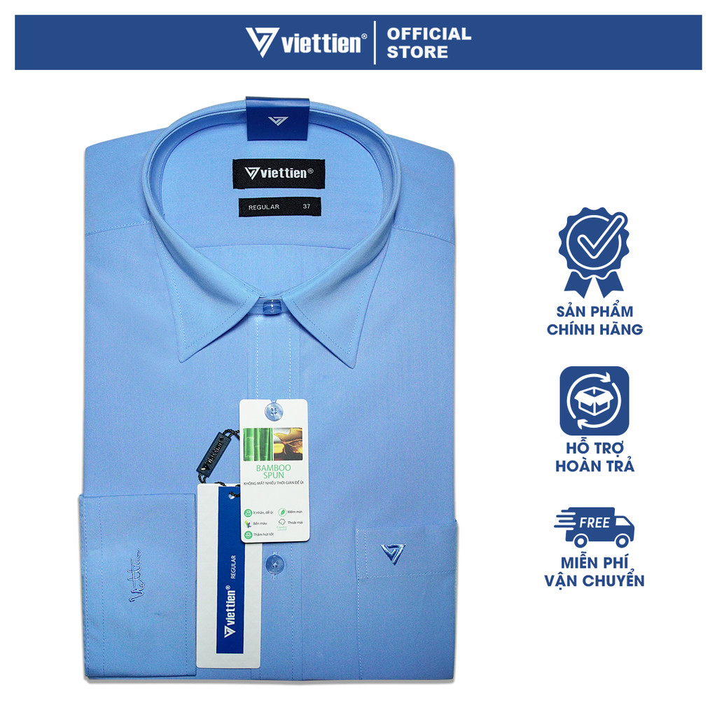 VIETTIEN SALE - Áo Sơ Mi VIETTIEN Dài Tay, Xanh Dương, Họa Tiết Trơn, Form Regular Lai Bầu