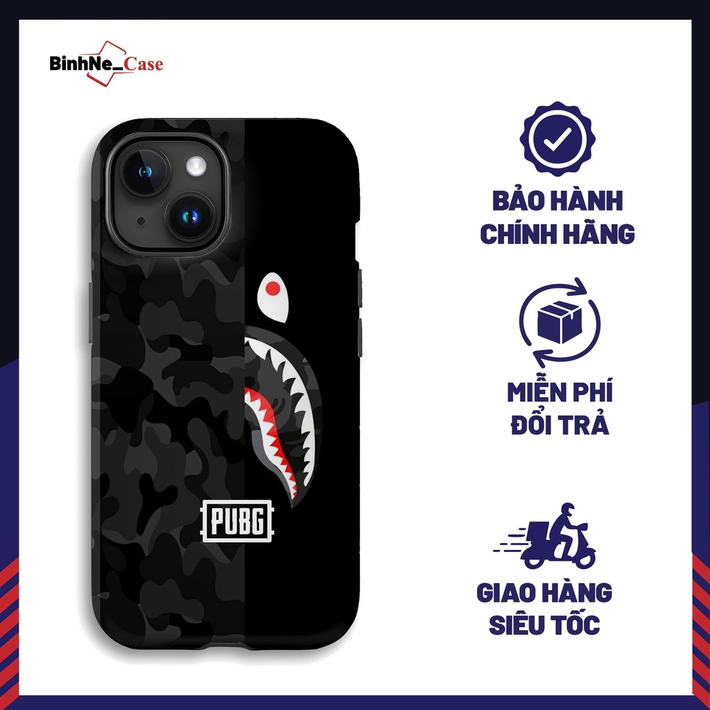 Ốp Lưng BAPE Shark Camouflage Đen PUBG Gaming Ngầu Chính Hãng BÍNHNECASE iPhone 15 Pro Cho Nam