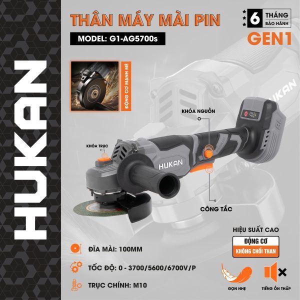 THÂN MÁY MÀI PIN 21V CHỈNH TỐC 100MM BODYG1-AG5700S HUKAN -HÀNG CHÍNH HÃNG