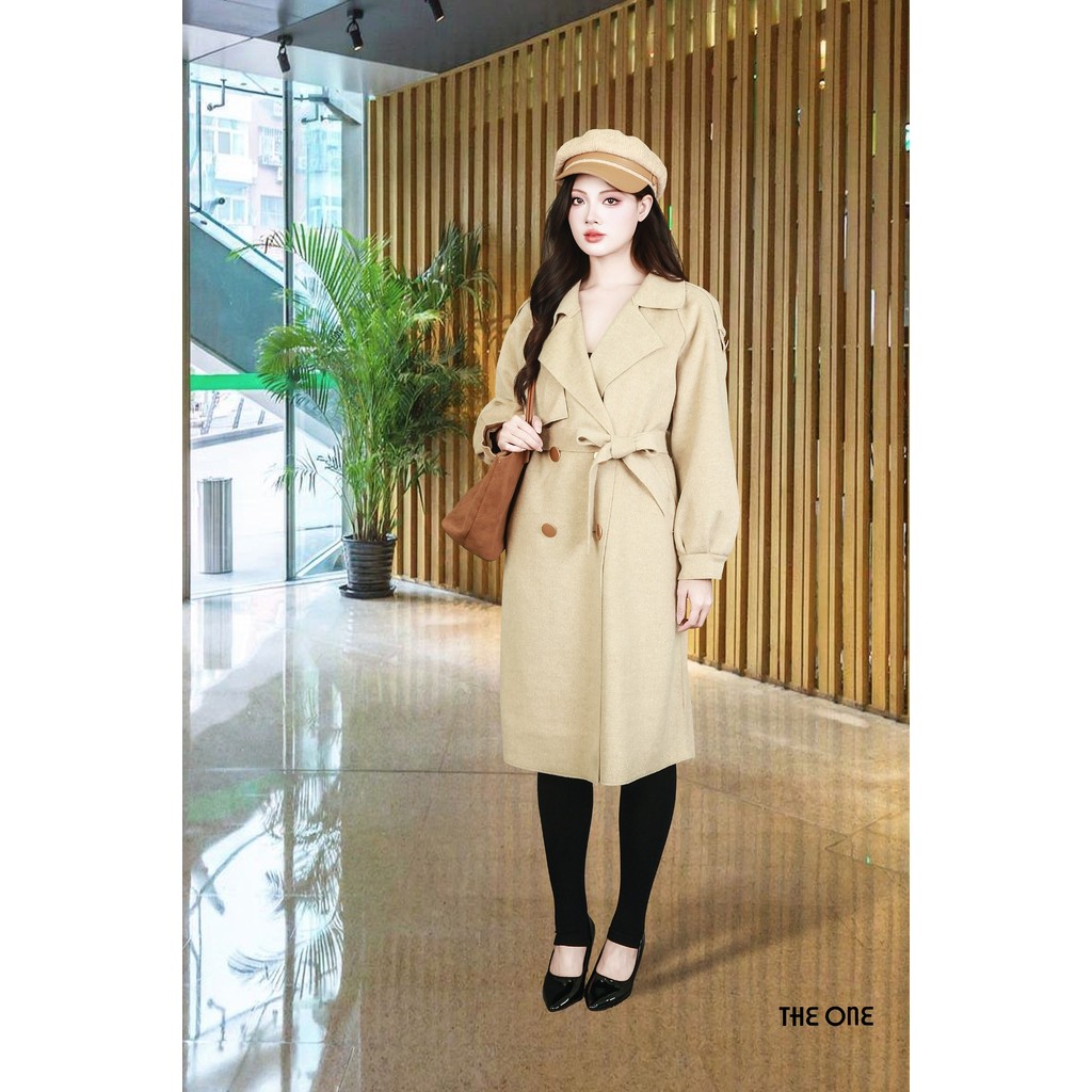 Áo măng tô dạ lông cừu 2 mặt be Freesize cổ B dây đai khuy đồng bo gấu tay The One Fashion AK98369BE