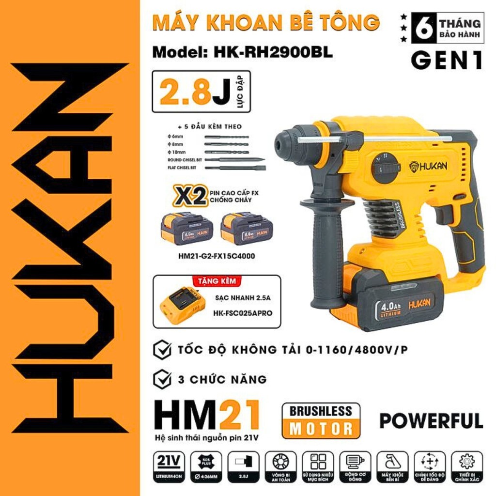 MÁY KHOAN BÊ TÔNG PIN 21V 26MM HK-RH2900BL HUKAN -HÀNG CHÍNH HÃNG